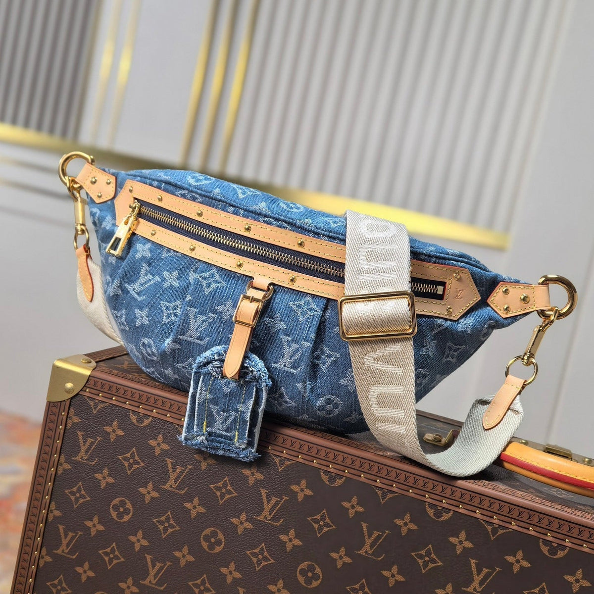 LV 25S BUMBAG 38 IN BLUE MONOGRAM DENIM LEATHER TRIM GOLD HARDWARE