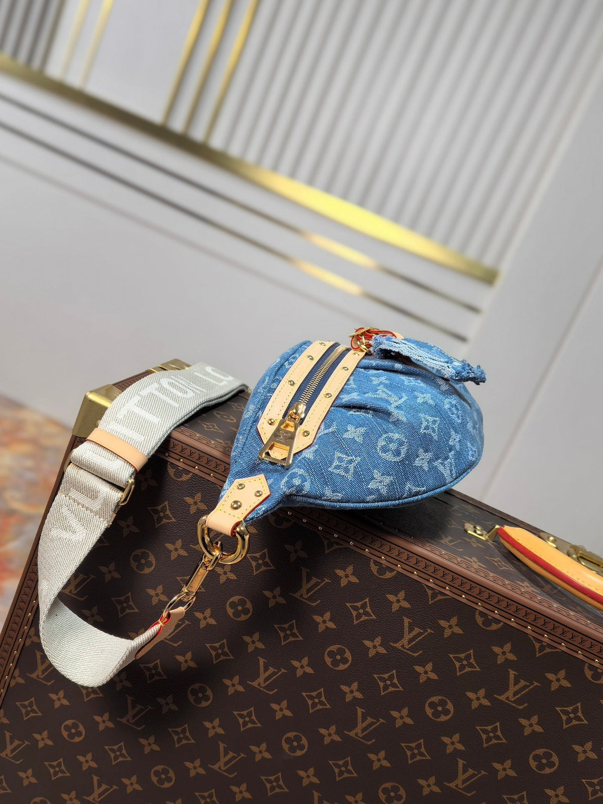 LV 25S BUMBAG 38 IN BLUE MONOGRAM DENIM LEATHER TRIM GOLD HARDWARE