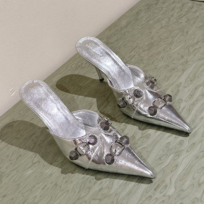 CAGOLE POINTED HIGH MULES IN SILVER SHINY CALFSKIN