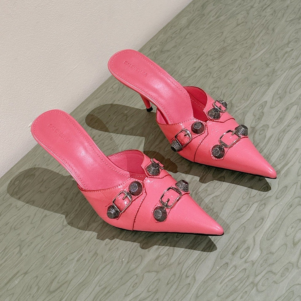CAGOLE POINTED HIGH MULES IN ROMAN PINK SHINY CALFSKIN