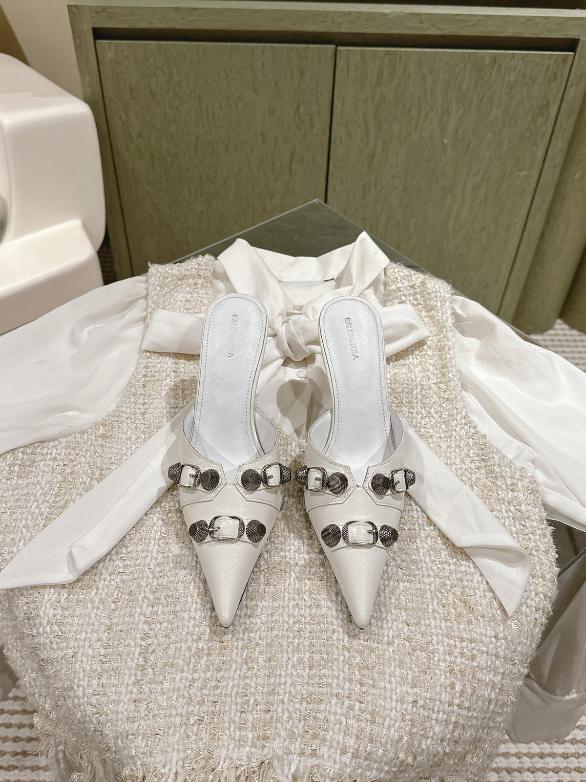CAGOLE POINTED HIGH MULES IN WHITE SHINY CALFSKIN