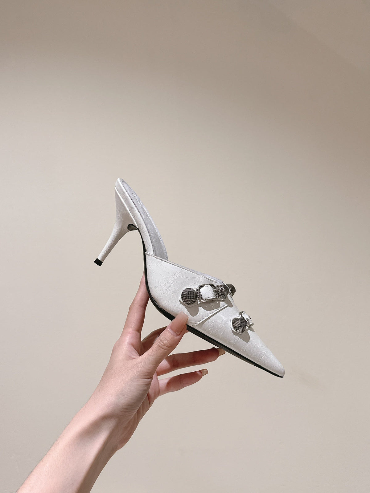 CAGOLE POINTED HIGH MULES IN WHITE SHINY CALFSKIN