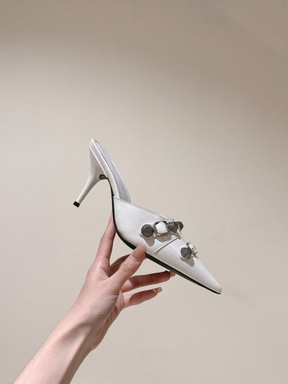 CAGOLE POINTED HIGH MULES IN WHITE SHINY CALFSKIN