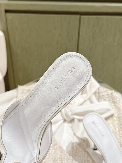 CAGOLE POINTED HIGH MULES IN WHITE SHINY CALFSKIN