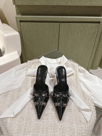 CAGOLE POINTED HIGH MULES IN BLACK SHINY CALFSKIN