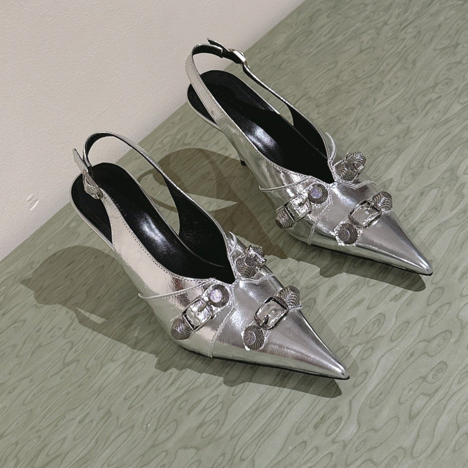 CAGOLE HIGH SLINGBACK IN SILVER GLOSSY CALFSKIN