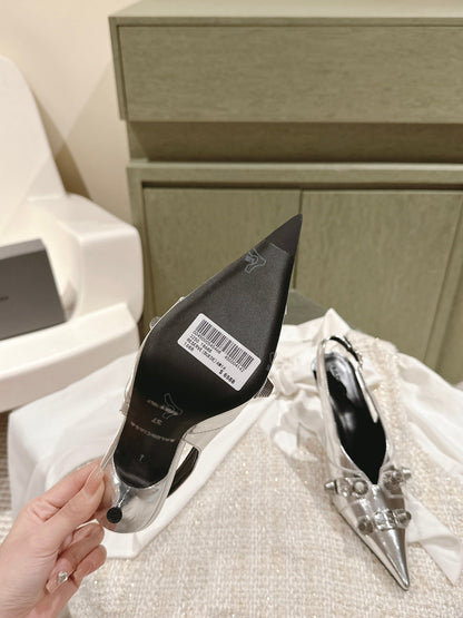 CAGOLE HIGH SLINGBACK IN SILVER GLOSSY CALFSKIN