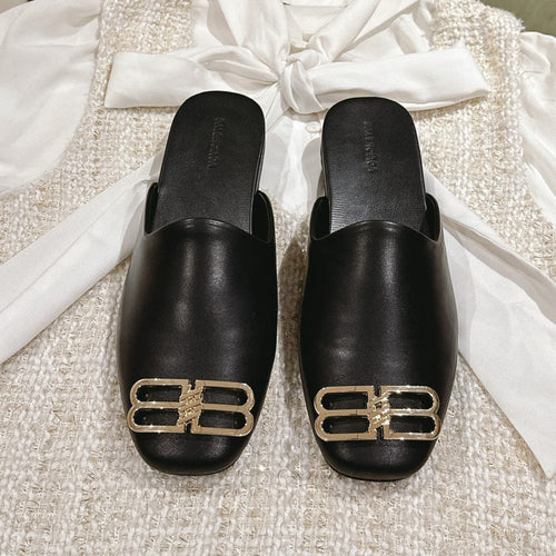 BLACK SHINY LAMBSKIN SQUARE TOE FLAT MULES GOLD BUCKLE
