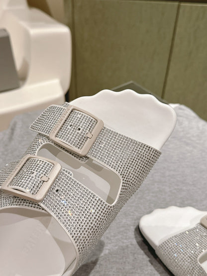 BIRKENSTOCK SLIPPERS ATTACHED RHINESTONES IN WHITE CALFSKIN