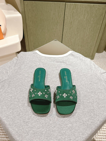 LV WOMEN FLAT MULE IN GREEN FOREST SATIN WITH RHINESTONE