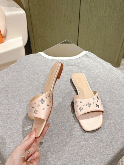LV WOMEN FLAT MULE IN ALMOND BEIGE SATIN WITH RHINESTONE