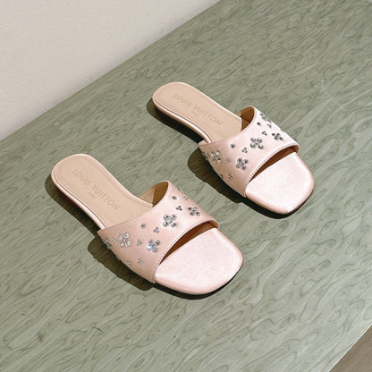 LV WOMEN FLAT MULE IN ALMOND BEIGE SATIN WITH RHINESTONE