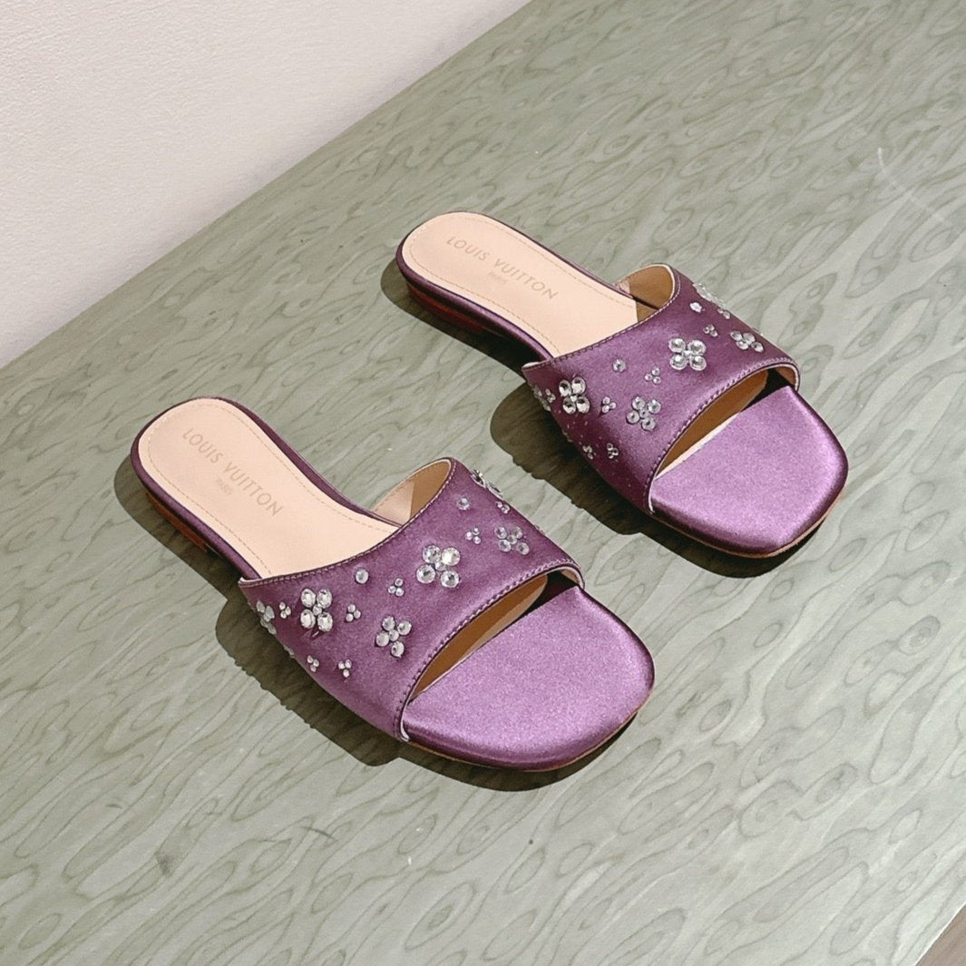 LV WOMEN FLAT MULE IN MAUVE PURPLE SATIN WITH RHINESTONE