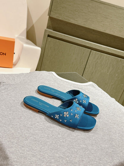 LV WOMEN FLAT MULE IN COBALT BLUE SATIN WITH RHINESTONE