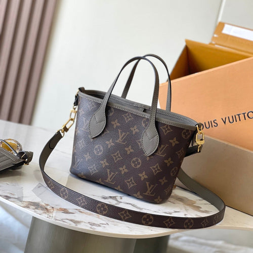 NEVERFULL BANDOULIÈRE INSIDE OUT BB 24 IN BROWN MONOGRAM CANVAS AND GRAY CALFSKIN
