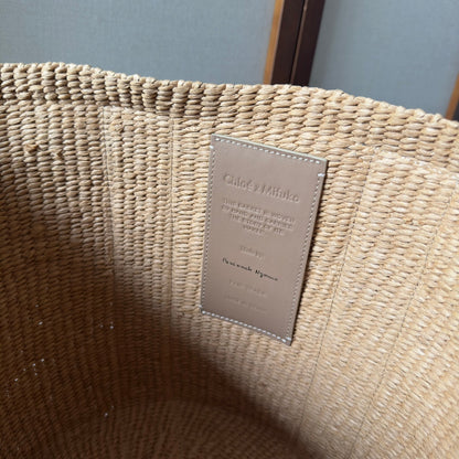 LAGRE WOODY TOTE BAG 48 IN NATURAL FIBERS BLUSHY BEIGE WEBBING LOGO EMBROIDER BROWN CALFSKIN