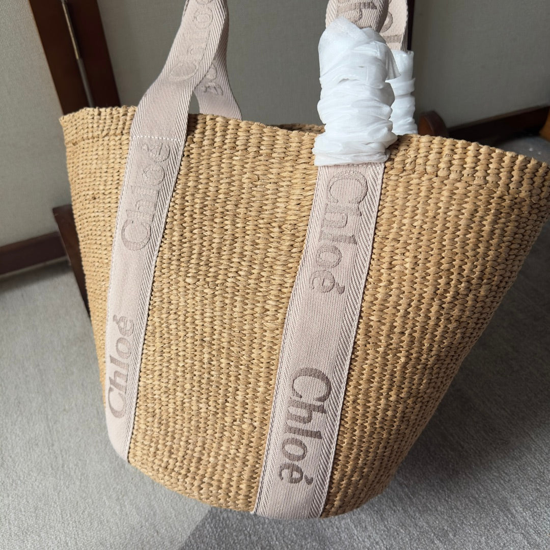 LAGRE WOODY TOTE BAG 48 IN NATURAL FIBERS BLUSHY BEIGE WEBBING LOGO EMBROIDER BROWN CALFSKIN