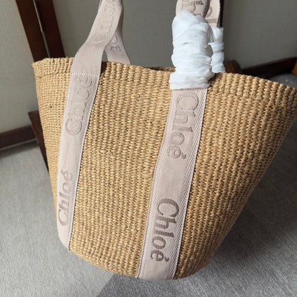 LAGRE WOODY TOTE BAG 48 IN NATURAL FIBERS BLUSHY BEIGE WEBBING LOGO EMBROIDER BROWN CALFSKIN