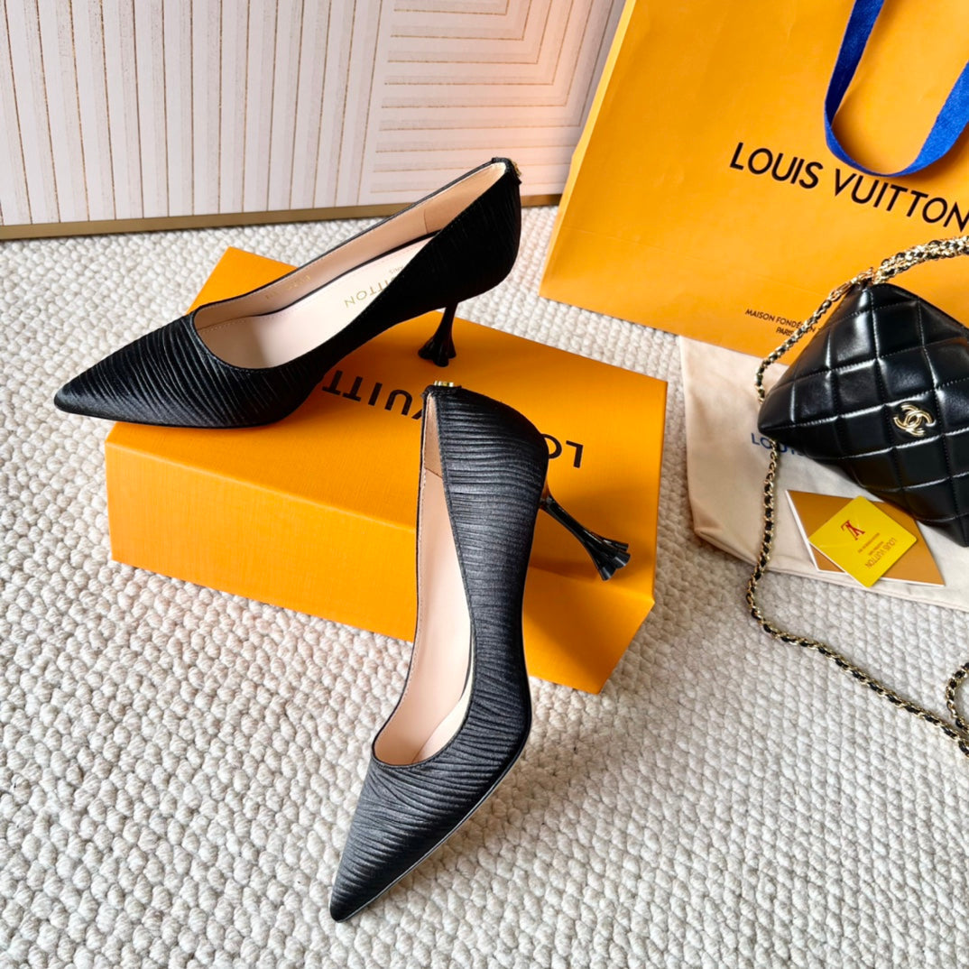 BLOSSOM PUMP 75 MM IN BLACK IMPORTED STRIPED SILK SATIN