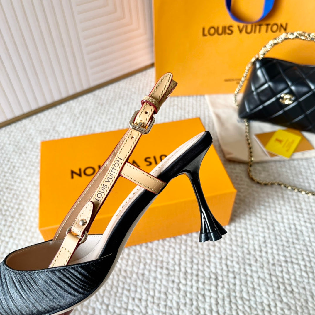 BLOSSOM PUMP SLINGBACKS 75 MM IN BLACK IMPORTED STRIPED SILK SATIN