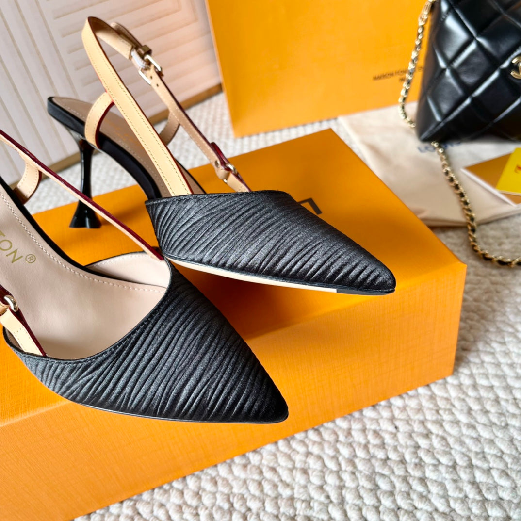 BLOSSOM PUMP SLINGBACKS 75 MM IN BLACK IMPORTED STRIPED SILK SATIN