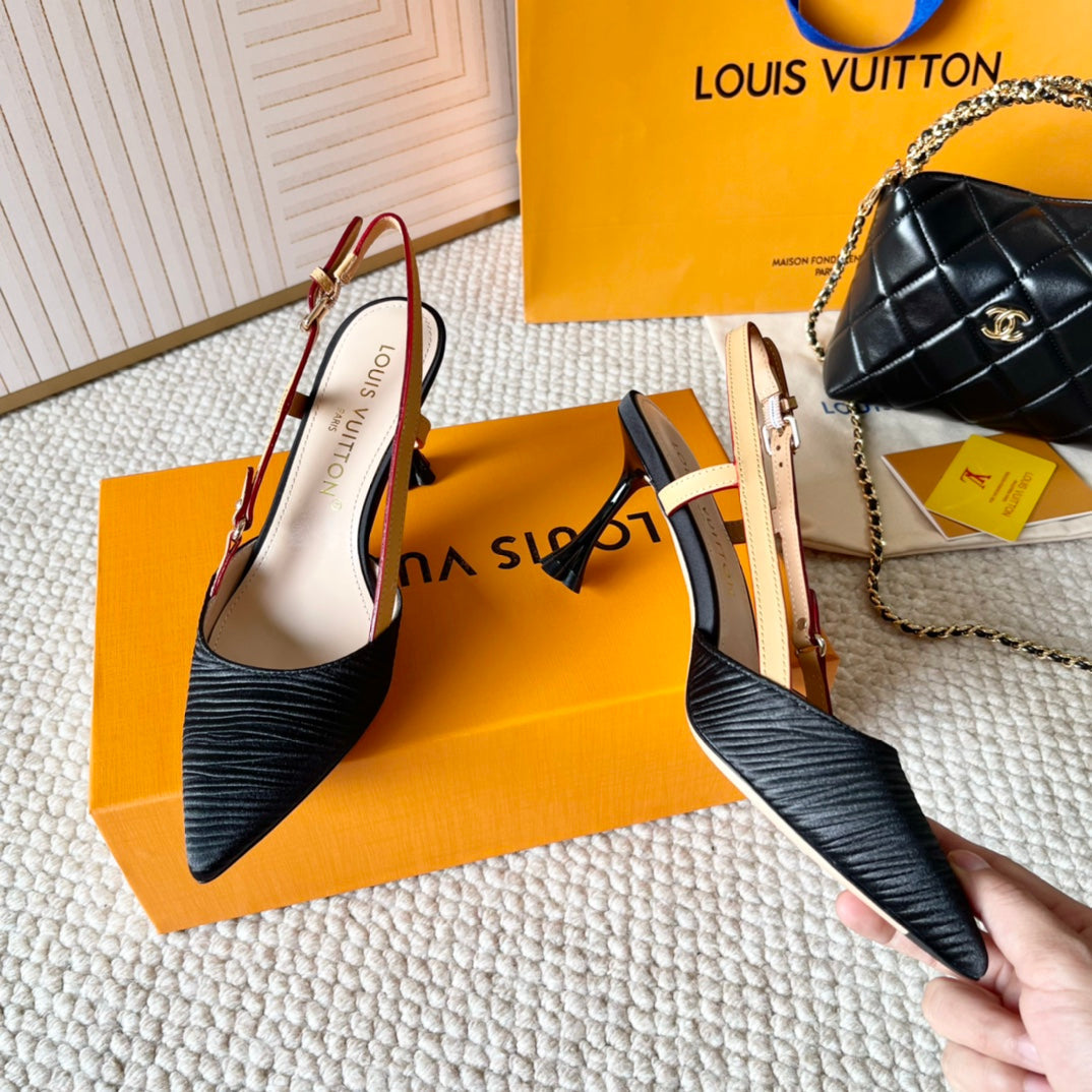 BLOSSOM PUMP SLINGBACKS 75 MM IN BLACK IMPORTED STRIPED SILK SATIN