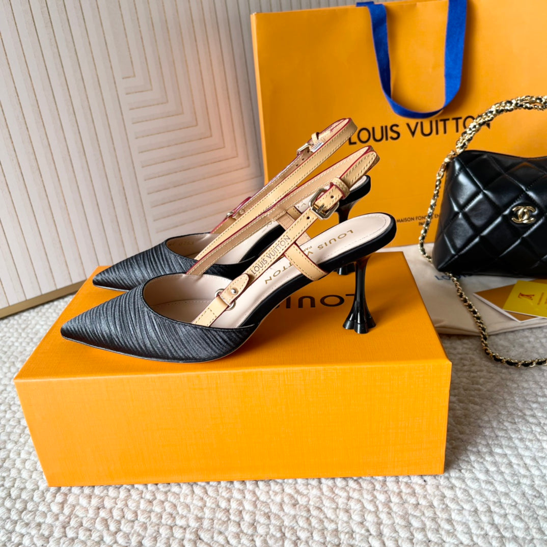 BLOSSOM PUMP SLINGBACKS 75 MM IN BLACK IMPORTED STRIPED SILK SATIN