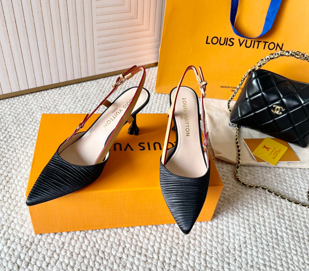 BLOSSOM PUMP SLINGBACKS 75 MM IN BLACK IMPORTED STRIPED SILK SATIN