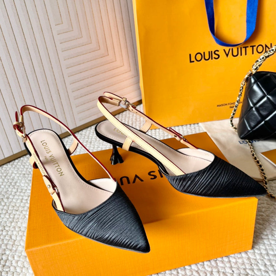 BLOSSOM PUMP SLINGBACKS 55 MM IN BLACK IMPORTED STRIPED SILK SATIN
