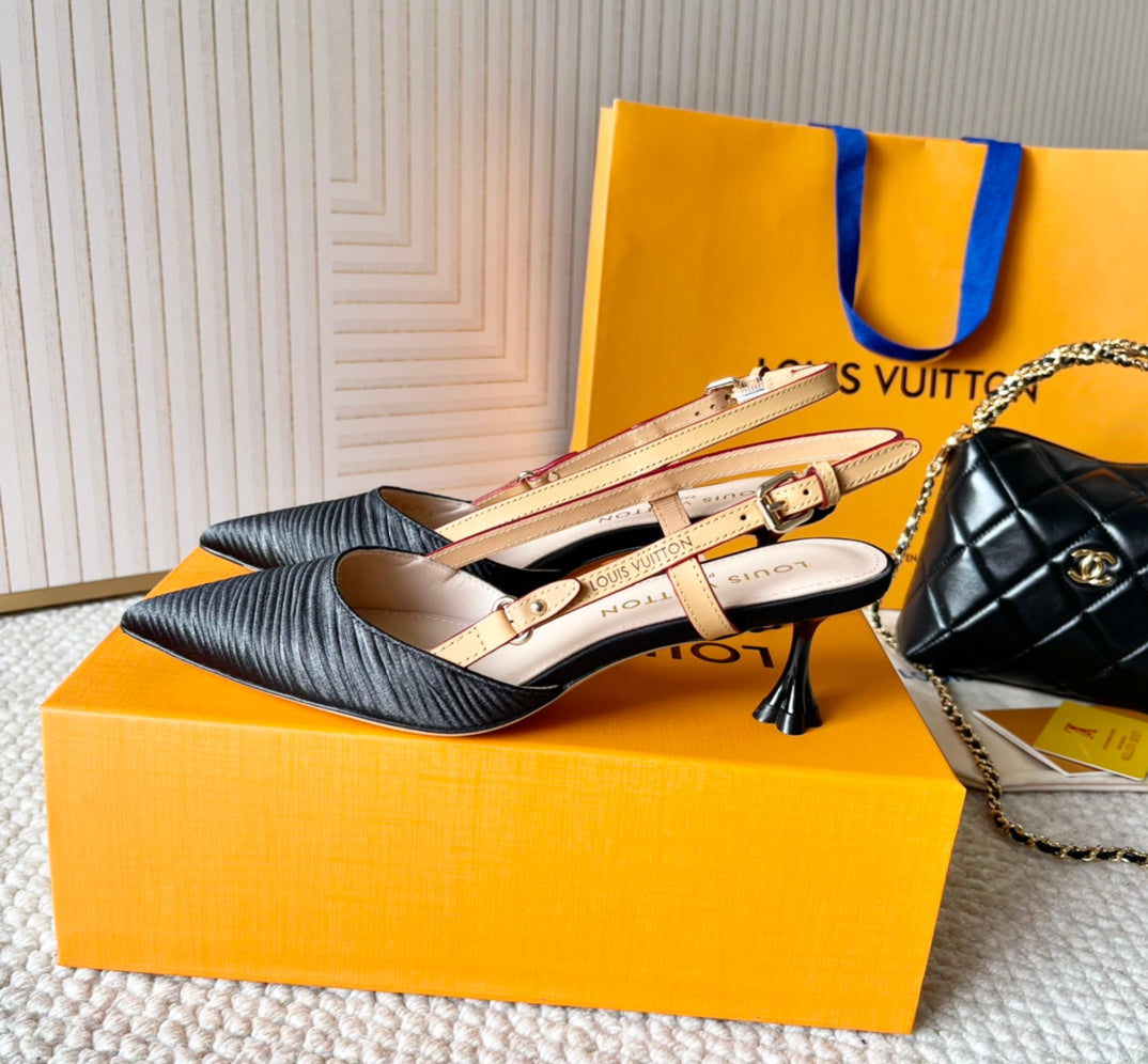 BLOSSOM PUMP SLINGBACKS 55 MM IN BLACK IMPORTED STRIPED SILK SATIN