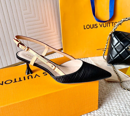 BLOSSOM PUMP SLINGBACKS 55 MM IN BLACK IMPORTED STRIPED SILK SATIN
