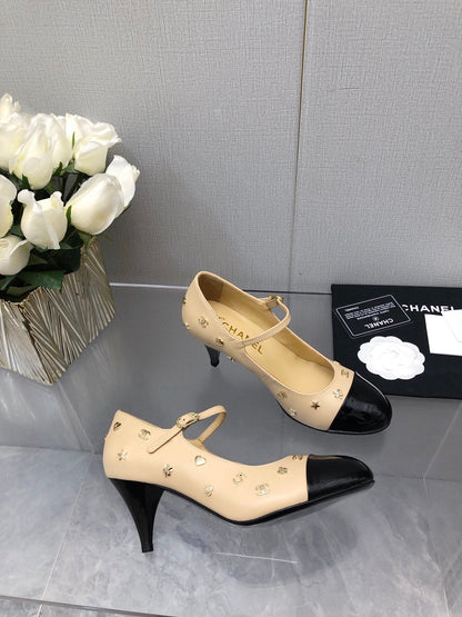 MARY JANE BEIGE CREAM MIX BLACK LAMBSKIN ATTACH METAL