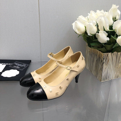 MARY JANE BEIGE CREAM MIX BLACK LAMBSKIN ATTACH METAL