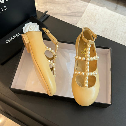MARY JANES SHOES LIGHT YELLOW GOATSKIN WITH FAUX PEARL