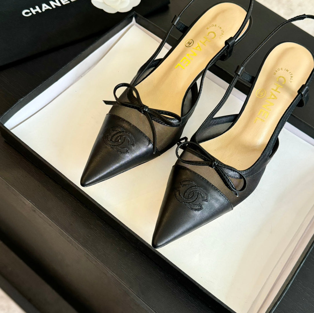 MESH LOGO SLINGBACKS IN BLACK LAMBSKIN