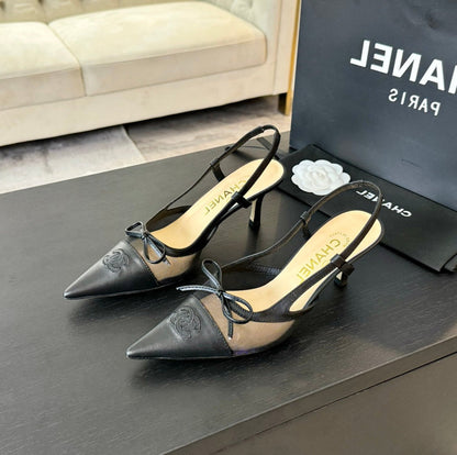 MESH LOGO SLINGBACKS IN BLACK LAMBSKIN