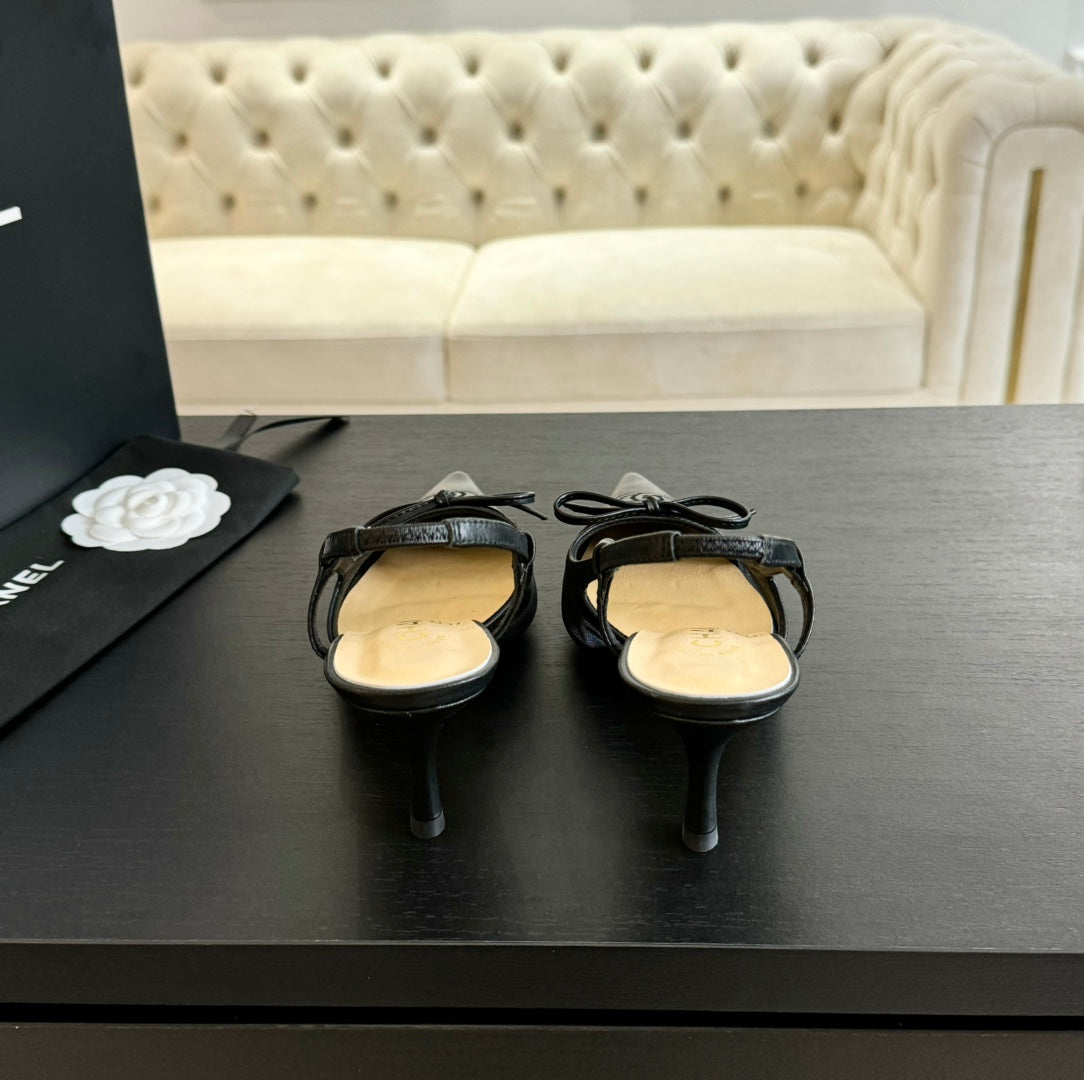 MESH LOGO SLINGBACKS IN BLACK LAMBSKIN