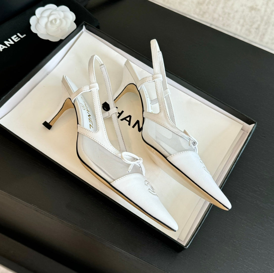 MESH LOGO SLINGBACKS IN WHITE LAMBSKIN