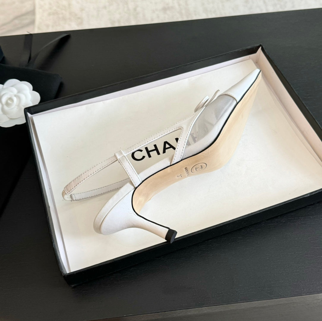 MESH LOGO SLINGBACKS IN WHITE LAMBSKIN