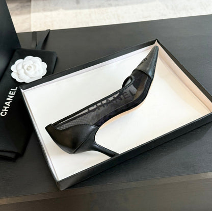 MESH LOGO HEELS IN BLACK LAMBSKIN
