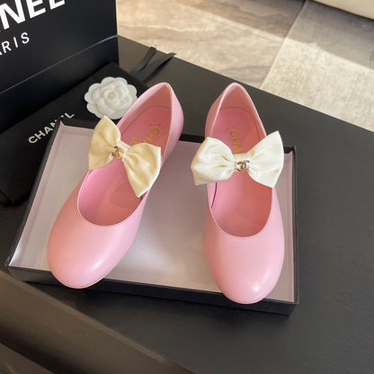 BALLET FLAT LIGHT PINK LAMBSKIN WITH WHITE BOW