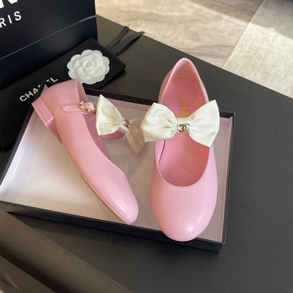 BALLET FLAT LIGHT PINK LAMBSKIN WITH WHITE BOW