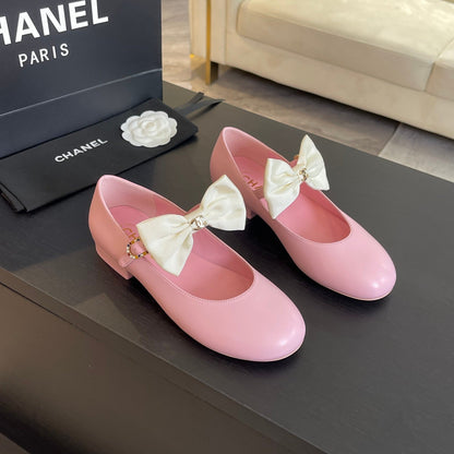 BALLET FLAT LIGHT PINK LAMBSKIN WITH WHITE BOW