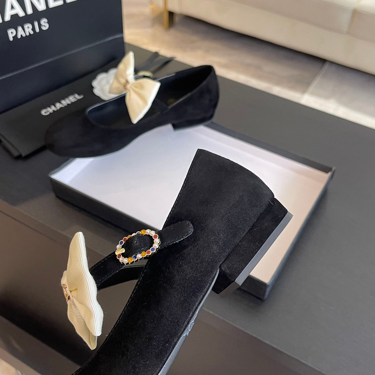BALLET FLAT BLACK SUEDE LAMBSKIN WITH WHITE BOW