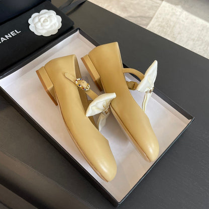 BALLET FLAT DARK CREAM LAMBSKIN WITH WHITE BOW