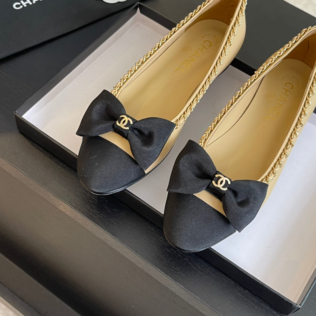 BALLET FLAT BEIGE CREAM CALFSKIN AND FABRIC
