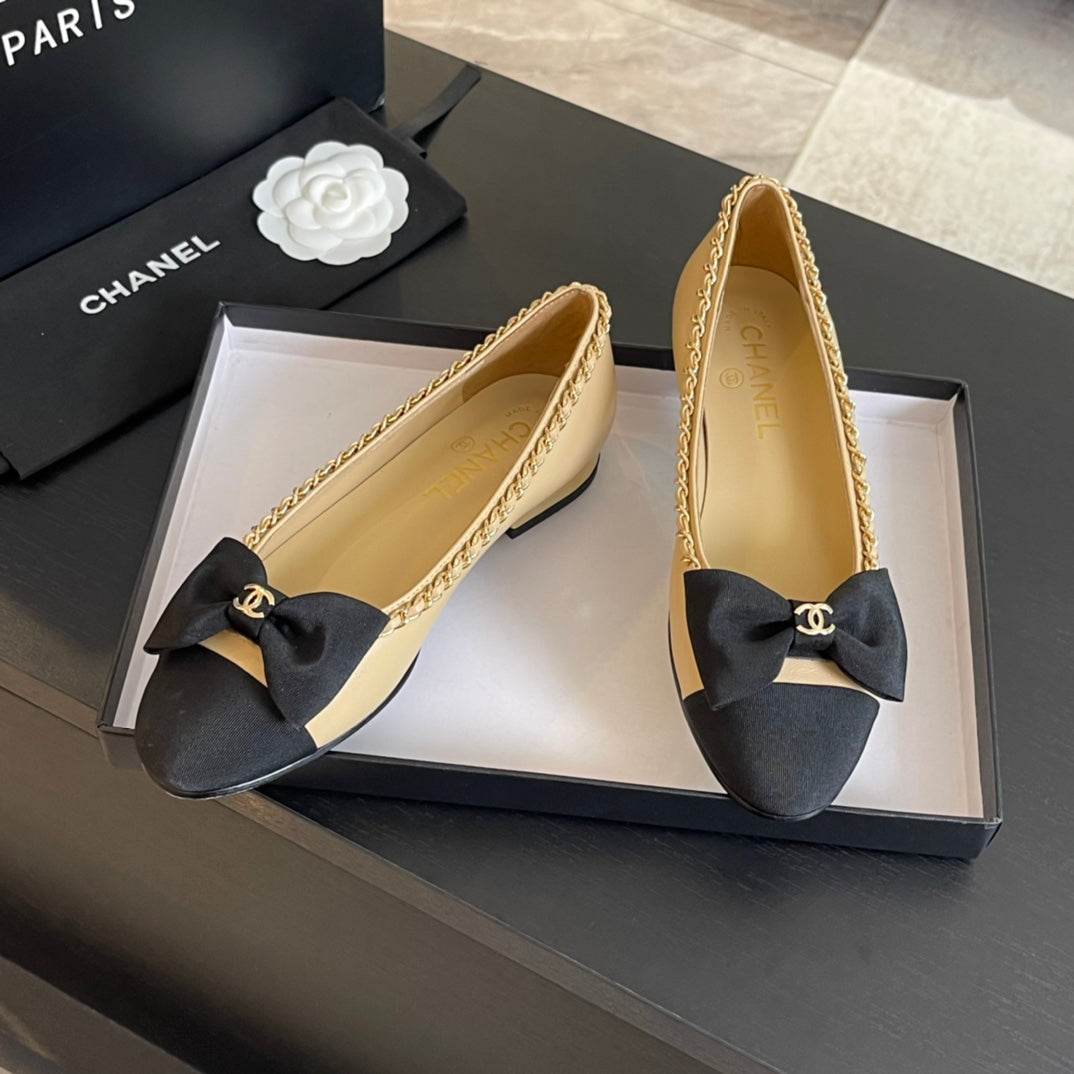 BALLET FLAT BEIGE CREAM CALFSKIN AND FABRIC
