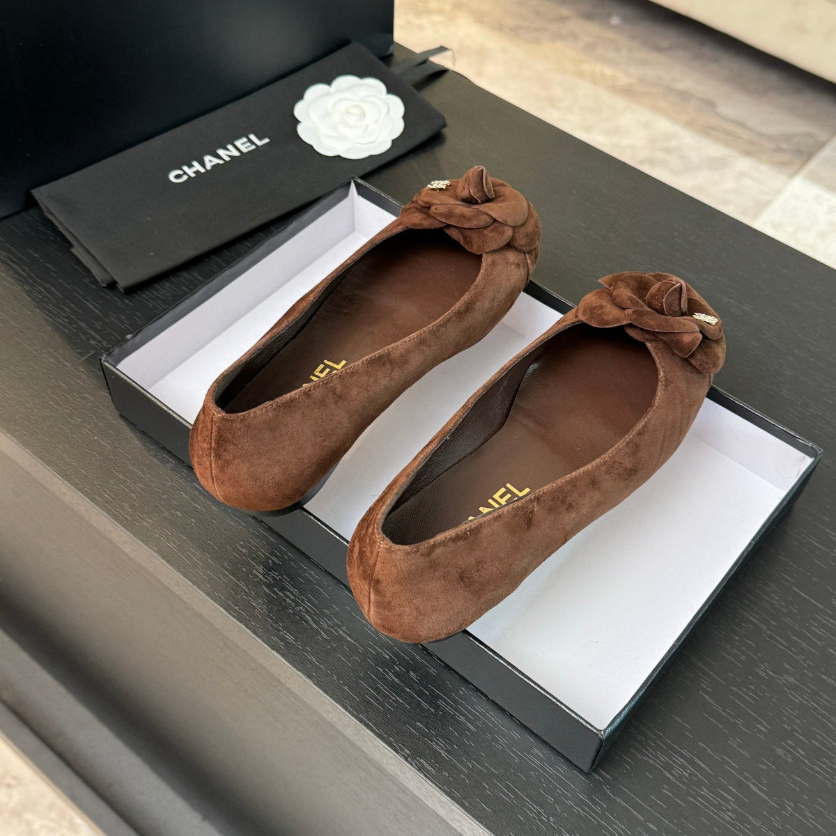 BALLET FLATS IN CHOCOLATE BROWN SUEDE WITH CAMELLIA