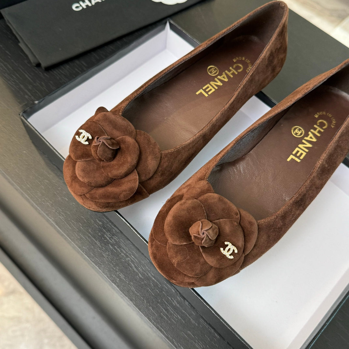 BALLET FLATS IN CHOCOLATE BROWN SUEDE WITH CAMELLIA