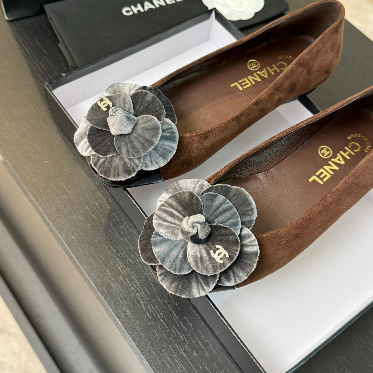 BALLET FLATS IN CHOCOLATE BROWN SUEDE WITH SILVER CAMELLIA
